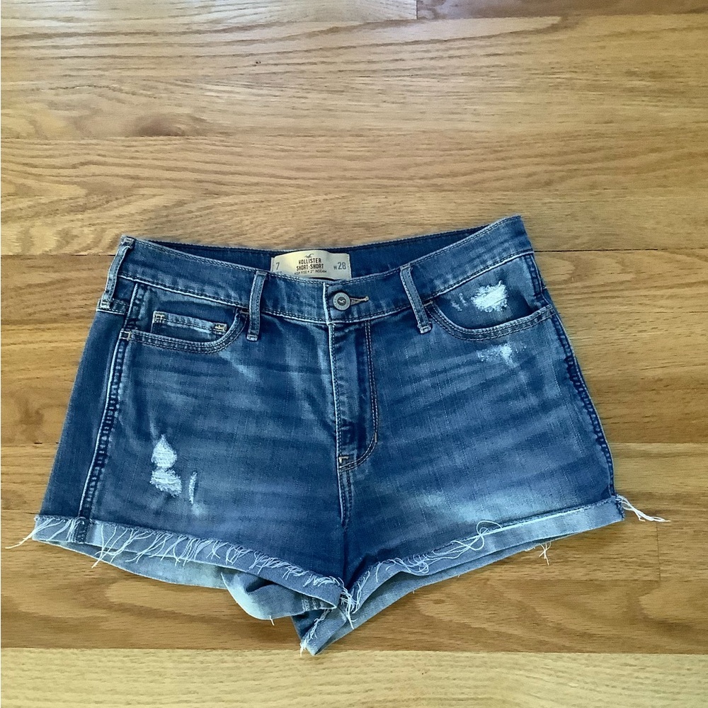 Hollister Blue Jean Shorts Distressed Frayed Hem